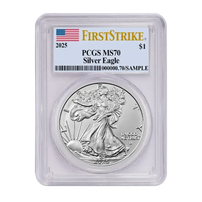 2025 $1 1-oz Silver Eagle PCGS MS70 First Strikes w/Flag Label