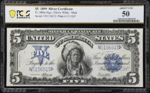 Fr. 280m. 1899 $5 Silver Certificate. PCGS Banknote About Uncirculated 50. Fr. 280m. 1899 $5 Silver Certificate. PCGS Banknote About Uncirculated 50.