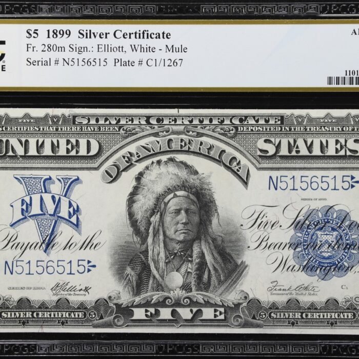 Fr. 280m. 1899 $5 Silver Certificate. PCGS Banknote About Uncirculated 50. Fr. 280m. 1899 $5 Silver Certificate. PCGS Banknote About Uncirculated 50.