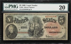 Fr. 64. 1869 $5 Legal Tender Note. PMG Very Fine 20.