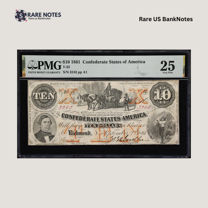 1861 $10 Confederate States of America Note | T-23 | PMG Very Fine 25 1861 $10 Confederate States of America Note | T-23 | PMG Very Fine 25
