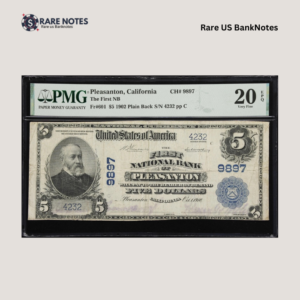 Pleasanton, CA. $5 1902 Plain Back Fr. 601 First NB Charter #9897. PMG VF 20EPQ.