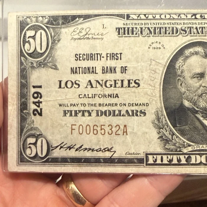 1929 National Currency $50 – Security First National Bank of Los Angeles, California | Charter #2491