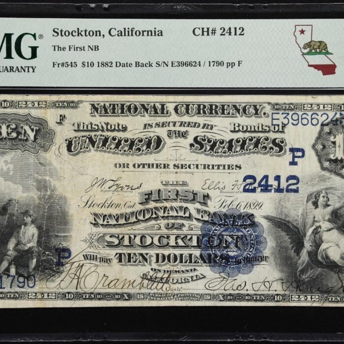 Stockton, CA. $10 1882 Date Back. Fr. 545. First NB. Charter #2412. PMG VF-20.