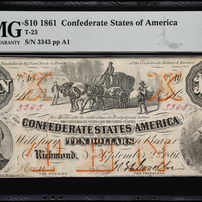 1861 $10 Confederate States of America Note | T-23 | PMG Very Fine 25 1861 $10 Confederate States of America Note | T-23 | PMG Very Fine 25