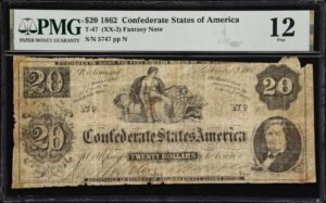 T-47 (XX-2). PF-1. Confederate Currency. 1862 $20. PMG Fine 12. 1 T-47 (XX-2). PF-1. Confederate Currency. 1862 $20. PMG Fine 12.